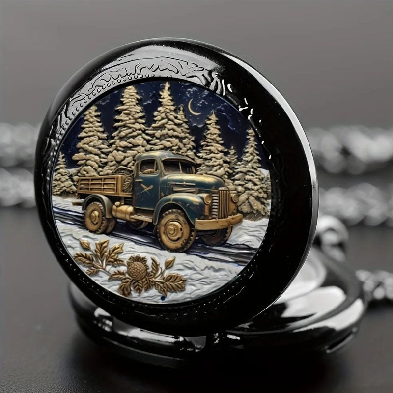 Retro Forest Truck Quartz Pendant Pocket Watch