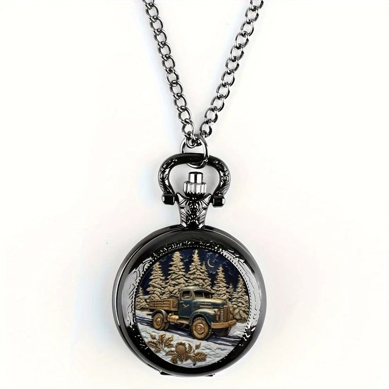 Retro Forest Truck Quartz Pendant Pocket Watch