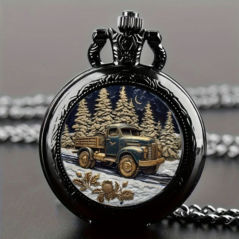 Retro Forest Truck Quartz Pendant Pocket Watch