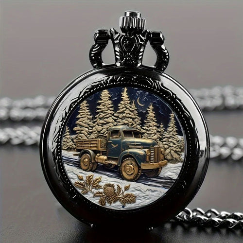 Retro Forest Truck Quartz Pendant Pocket Watch